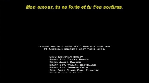 Italic subtitle during closing credits reads: Mon amour, tu es forte et tu t'en sortiras.