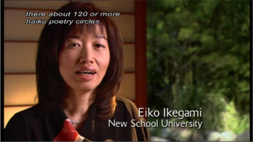 Japanese woman is identified in words as Eiko Ikegami, New School University; italic caption reads: there about 120 or more haiku poetry circles.