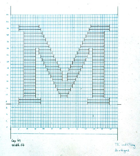 Drawing, on blue graph paper and with handwritten remarks in the margins, shows letter M made up of horizontal lines with perpendicular vertical terminals.